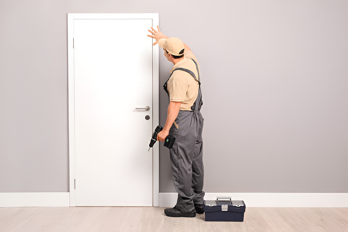 man fixing a sagging door with a drill